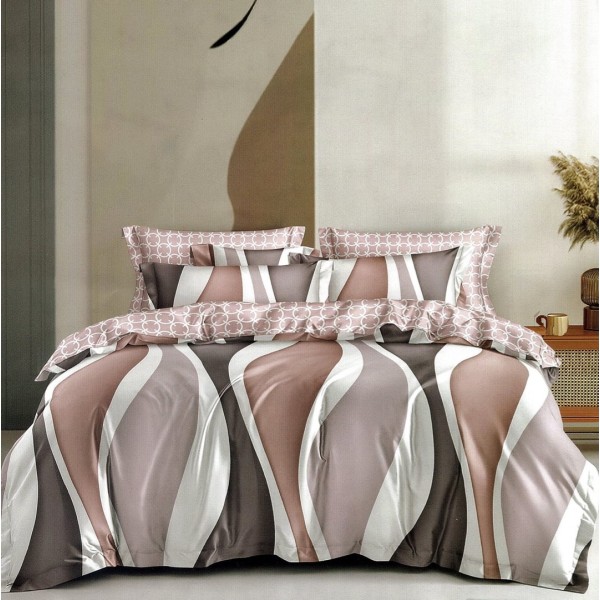 Lenjerie pat dublu,  FINET, 6 piese, cu ELASTIC, Maro, abstract [1]