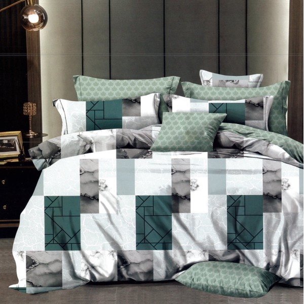Lenjerie pat dublu,  FINET, 6 piese, cu ELASTIC, Verde, abstract [1]