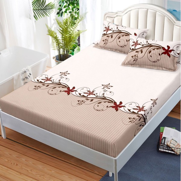 Cearsaf cu elastic, FINET, 180x200cm, 2 fete de perne 50x70cm, Bej, floral [1]