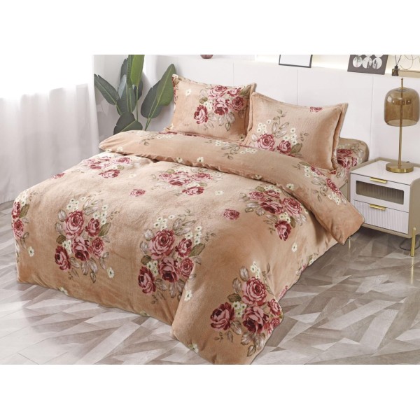 Lenjerie pat dublu, Super Pufoasa COCOLINO, 4 piese, cu ELASTIC, BEJ, flori [1]