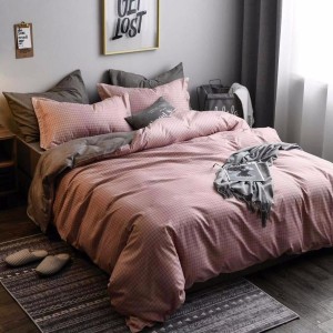 Lenjerie pat dublu (140x200cm, 160x200cm, 180x200cm), bumbac satinat, cearsaf clasic, 4 piese,  Gri-Roz, patratele Lenjerie pat dublu (140x200cm, 160x200cm, 180x200cm), bumbac satinat, cearsaf clasic, 4 piese,  Gri-Roz, patratele