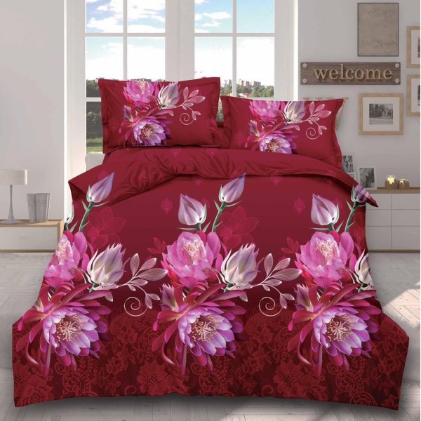 Lenjerie pat dublu (140x200cm, 160x200cm, 180x200cm), cearsaf clasic, imprimeu 3D, Visiniu, flori [1]