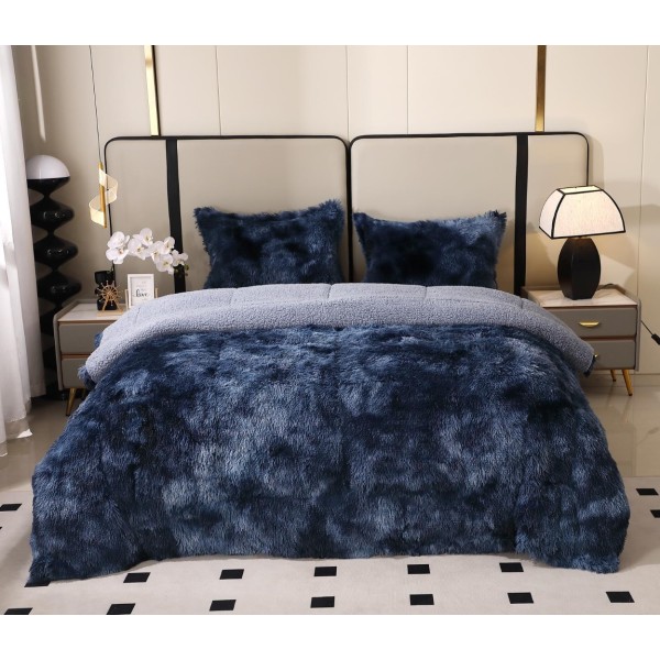 Pilota Super Pufoasă CoCoLiNo Fluffy cu Blăniță Sherpa Asortată, 200x230 cm, 4 kg, 2 Fețe de Pernă Asortate, 50x70cm – Căldură Instantă și Confort de Lux pentru Nopți Reci, Bleumarin degrade [1]