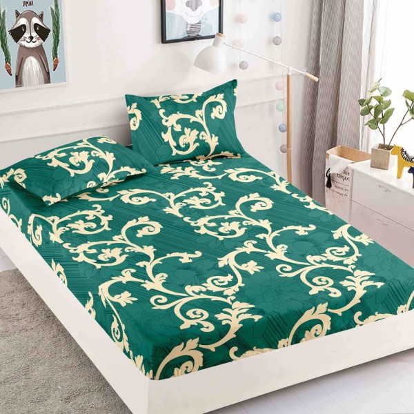 Cearsaf cu elastic, Bumbac FINET, 160/180x200cm, 2 fete de perne 50x70cm, Jojo Home, Verde, model oriental [1]