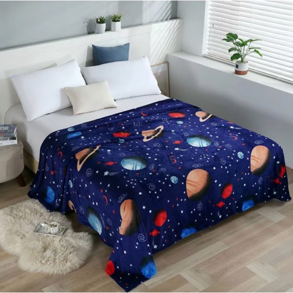Patura pufoasa cocolino 200x230cm, 240g/mp, Albastru, stelute, planete [1]