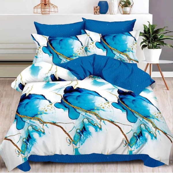 Lenjerie pat dublu (160x200cm, 180x200cm),  FINET, 6 piese, cu ELASTIC, Albastru, abstract [1]