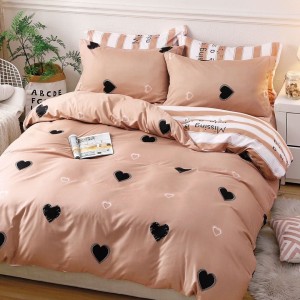 Lenjerie pat 140x200cm, 4 piese, cu ELASTIC,  Maro, inimioare