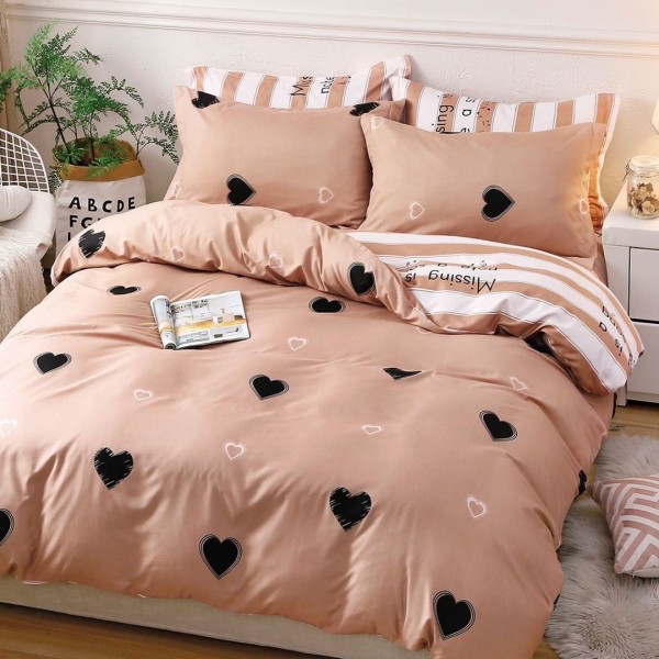 Lenjerie pat 140x200cm, 4 piese, cu ELASTIC,  Maro, inimioare [1]