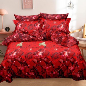 Lenjerie pat dublu, 6 PIESE, IMPRIMEU 3D Multiplicat, Rosu, trandafiri, inimioare