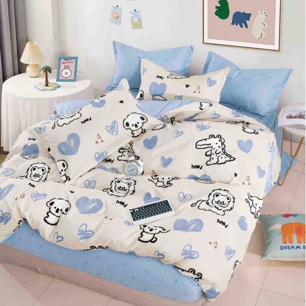 Lenjerie pat 1 PERSOANA,  FINET, 4 piese, Jojo Home, Roz, inimioare, catei [1]