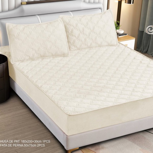 Husă Matlasată Tip Topper din Catifea 180x200cm, cu 2 Fețe de Pernă 50x70cm -  Somn Odihnitor și Susținere pentru Spate, Crem [1]