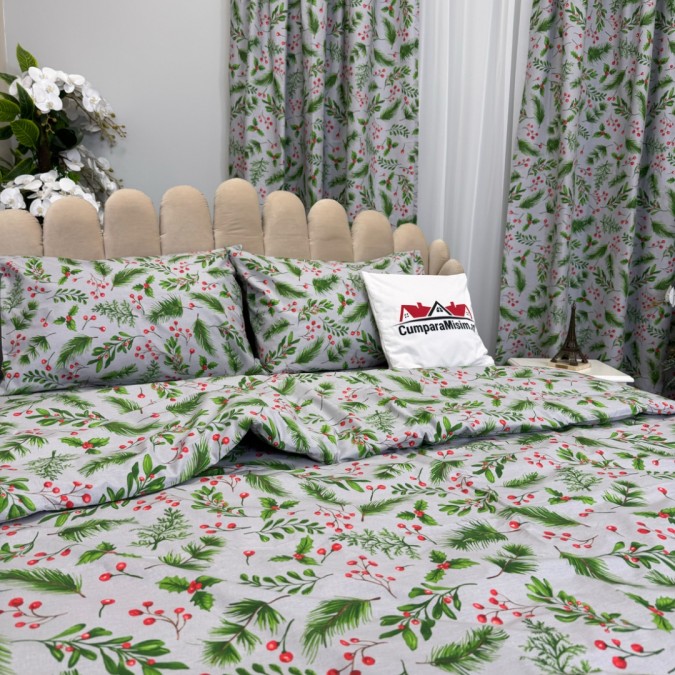 Set Lenjerie Pat Dublu Crăciun 4 Piese + 2 Draperii 150x235cm din Bumbac Ranforsat – Confort și Eleganță, Fabricat în România, Gri, Verde, crenguțe de brad, vasc