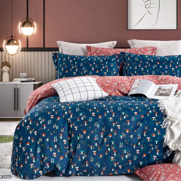 Lenjerie pat Single, BUMBAC 100% Percal, cu 2 Fețe, 4 piese, Bleumarin, Roz, Ciupercute [1]