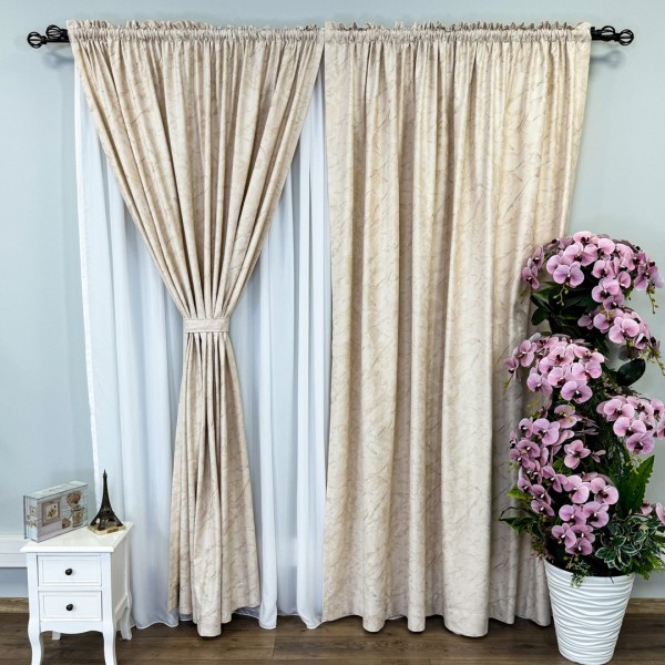 Set 2 bucati Draperie Catifea MYKONOS cu valuri rafinate aurii, Crem - V2, 200cm latime x 2.5m inaltime, cu tiv lat [1]