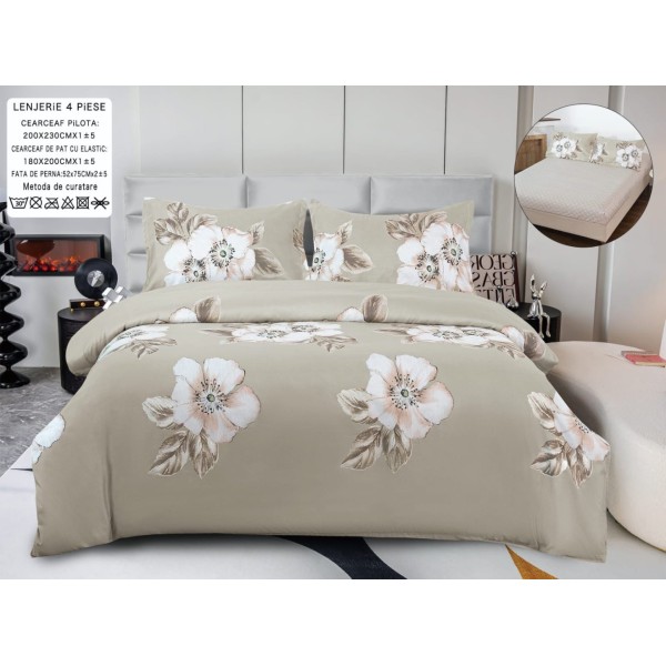 Lenjerie pat dublu, bumbac satinat,  Cearsaf cu ELASTIC 180x200cm, 4 PIESE, Bej, flori [1]