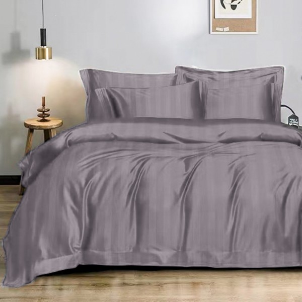 Lenjerie HoReCa DeLuxe, pat dublu, Damasc cu Dunga latã de 3cm, 6 piese, Gri cenusiu [1]