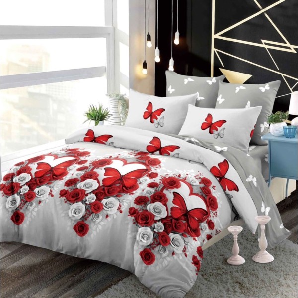 Lenjerie pat dublu,  FINET, cu elastic, 6 piese, Gri-Rosu, fluturi, trandafiri [1]