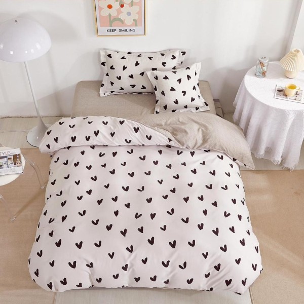 Lenjerie pat 140x200cm,  FINET, 4 piese, cu ELASTIC, Alb-Negru, inimioare [1]