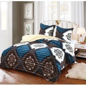 Pilota CoCoLiNo Frizzy cu blanita, matlasata, 200x230cm, cu fete de perna 60x60cm, Turquoise, Maro, model elegant