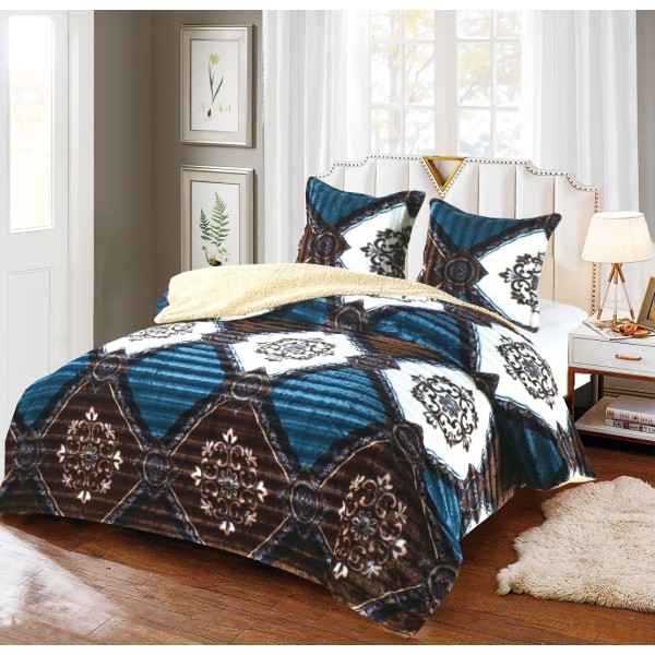 Pilota CoCoLiNo Frizzy cu blanita, matlasata, 200x230cm, cu fete de perna 60x60cm, Turquoise, Maro, model elegant [1]