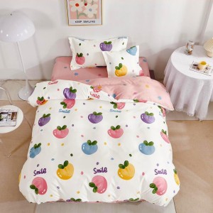 Lenjerie pat 140x200cm,  FINET, 4 piese, cu ELASTIC, Alb-Roz, fructe, buline