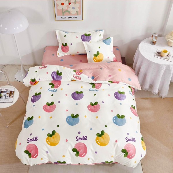 Lenjerie pat 140x200cm,  FINET, 4 piese, cu ELASTIC, Alb-Roz, fructe, buline [1]