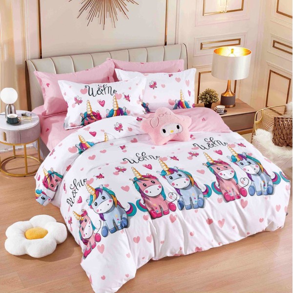 Lenjerie pat dublu,  FINET, 6 piese, cu ELASTIC, Jojo Home, Roz, unicorni, inimioare [1]