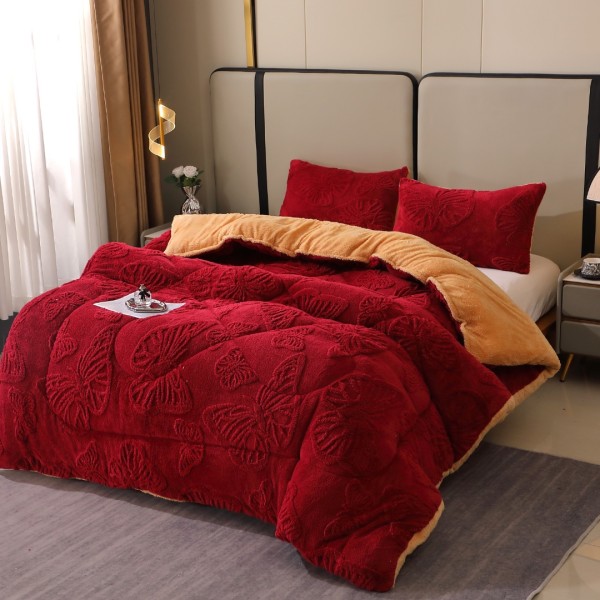 Pilota Cocolino gofrat 3D fluturi, cu blanita, 200x230cm si 2 fete de perna 50x70cm, Rosu [1]