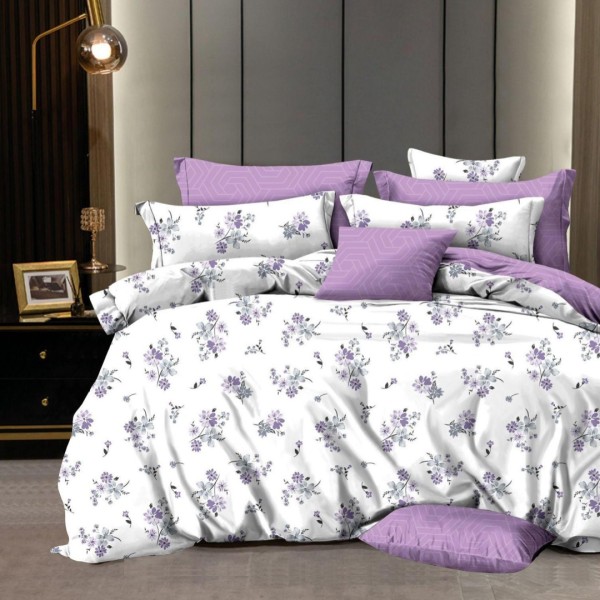 Lenjerie pat dublu,  FINET, 6 piese, Lila, flori [1]