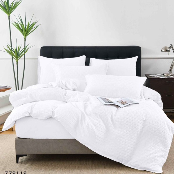 Lenjerie de Pat Dublu din Bumbac Tricotat - Set Premium 4 Piese cu Cearșaf Elastic și Imprimeu Satinat pentru Confort și Eleganță, Alb [1]