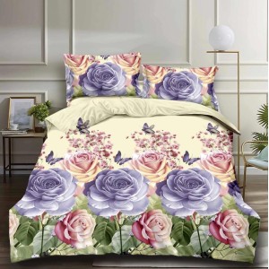 Lenjerie pat dublu, cearsaf clasic, imprimeu 3D, Lila, trandafiri