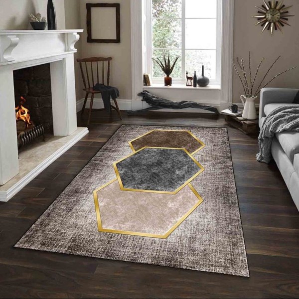 Covor Antiderapant, Design Hexagon, 180x280cm, Maro/Gri/Auriu [1]