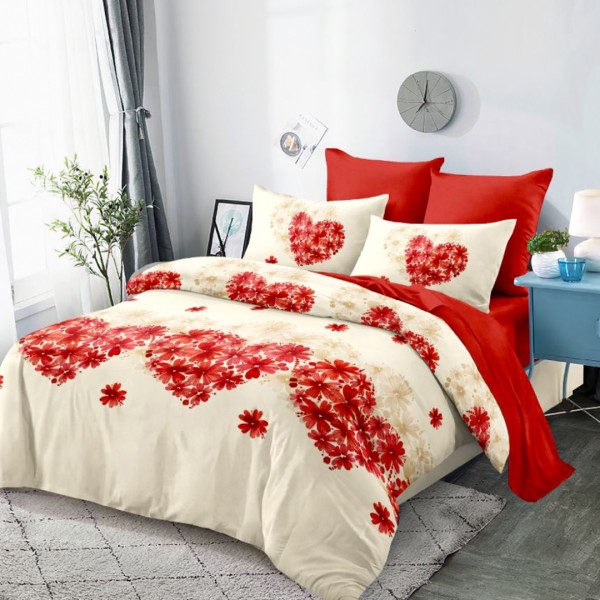 Lenjerie pat dublu,  FINET, cu elastic, 6 piese, Crem, Rosu, Inimioare, Flori [1]