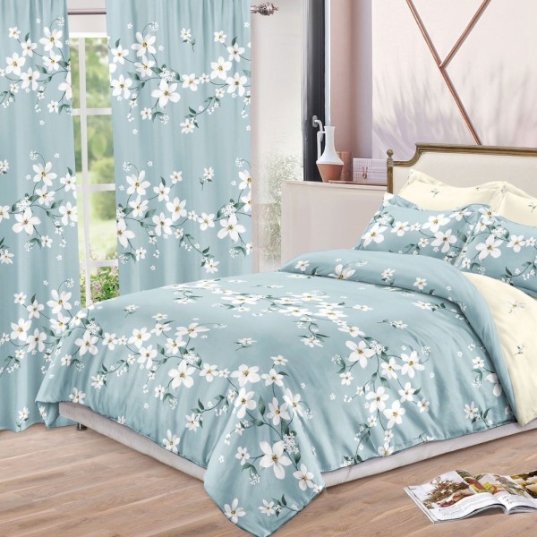 Set Lenjerie pat dublu (140x200cm, 160x200cm, 180x200cm) + 2 draperii, finet, 8 piese, Bleu, flori [1]