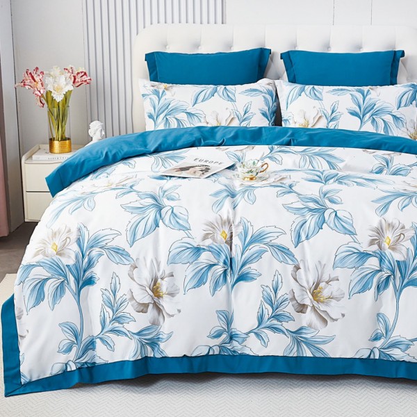 Lenjerie de Pat Dublu, Super Premium,  Finet Ranforsat, 6 Piese, Ambalat în Cutie de Lux, Alb, Bleu, flori [1]