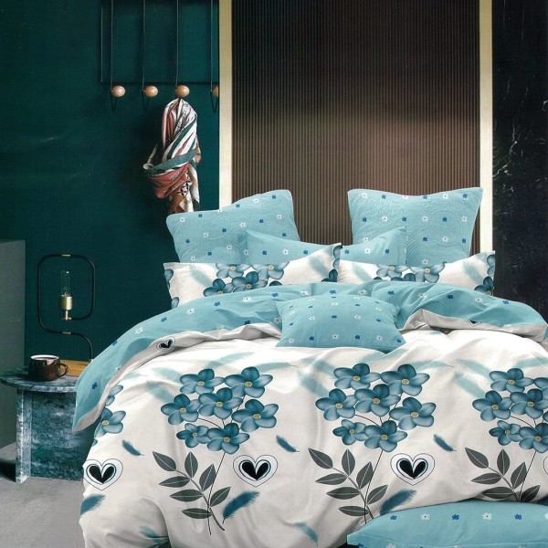 Lenjerie pat dublu,  FINET, 6 piese, Bleu, flori [1]
