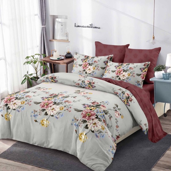 Lenjerie Pat Dublu,  FINET, 6 piese, Gri, Maro, Flori [1]