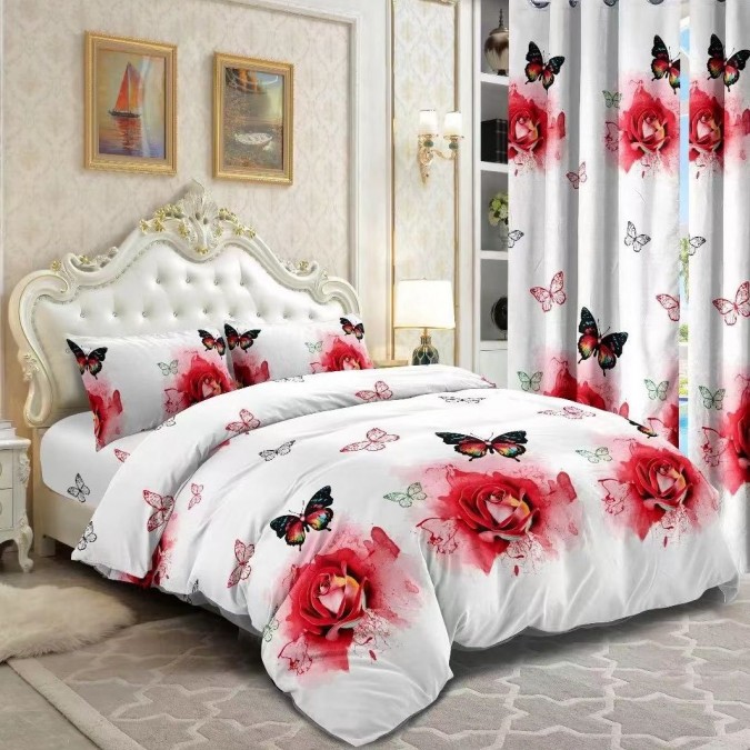 Lenjerie pat dublu cu doua feţe, 4 piese, Bumbac Satinat Superior, Alb-Rosu, fluturi, trandafiri