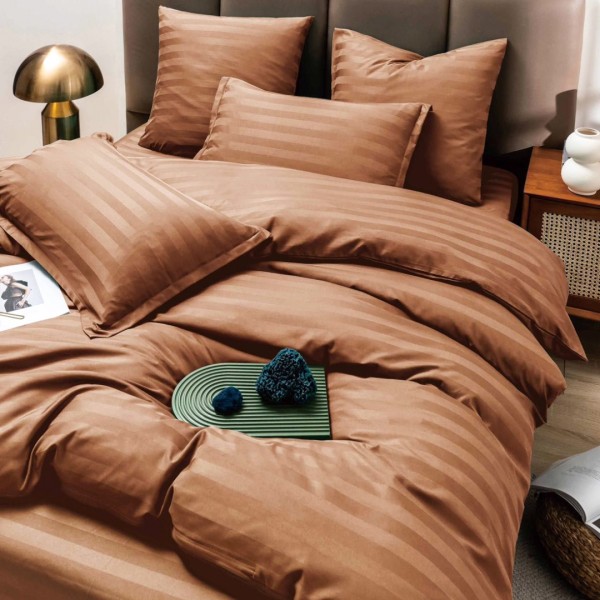 Lenjerie HoReCa DeLuxe, pat dublu, Damasc cu Dunga latã de 3cm, 6 piese, Maron [1]