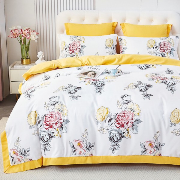 Lenjerie de Pat Dublu, Super Premium,  Finet Ranforsat, 6 Piese, Ambalat în Cutie de Lux, Alb, Galben, flori [1]