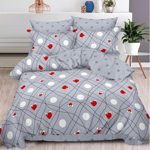 Lenjerie pat dublu (140x200cm, 160x200cm, 180x200cm),  FINET, 6 piese, Gri, inimioare, buline [1]
