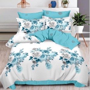 Lenjerie pat dublu cu ELASTIC, Finet, 6 piese, Bleu, flori