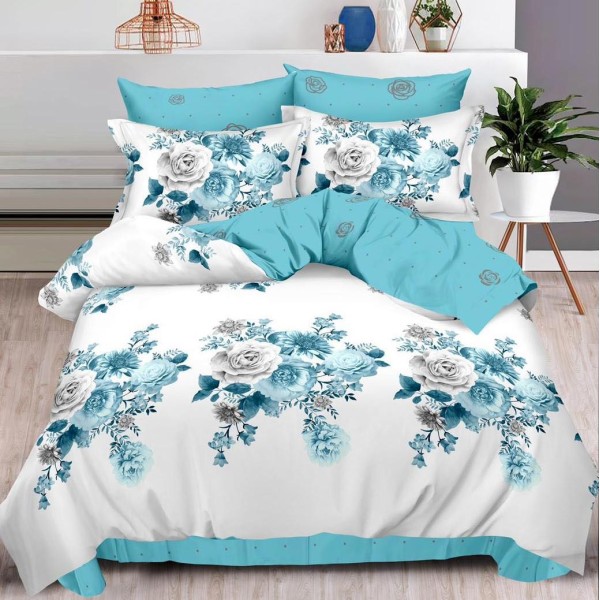 Lenjerie pat dublu (160x200cm, 180x200cm),  FINET, 6 piese, cu ELASTIC, Bleu, flori [1]