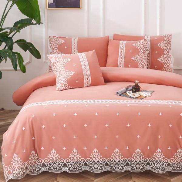 Lenjerie pat dublu, Bumbac Fin cu Dantela si Broderie Rafinata,  CEARSAF CU ELASTIC, 6 piese, Coral [1]
