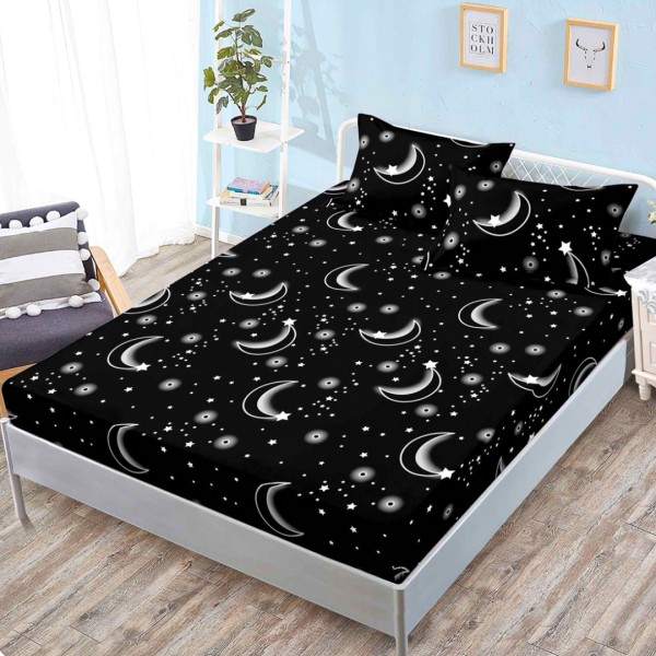 Cearsaf cu elastic, FINET, 160x200cm, 2 fete de perne 50x70cm, Negru, Alb, Luna, Stele – confort si eleganta pentru patul tau [1]
