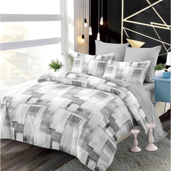 Lenjerie pat dublu,  FINET, cu elastic, 6 piese, Gri, Abstract [1]