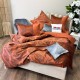 Set Luxury:  Lenjerie de Pat dublu, din Catifea Royală Velvetto, 6 piese si Draperie cu inele încastrate, 2buc x 150x245cm, cu Șnur Magnetic și Față de Pernă Decorativă, Portocaliu, Gri