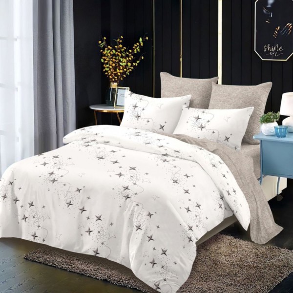 Lenjerie pat dublu,  FINET, cu elastic, 6 piese, Crem, Bej, Stelute [1]