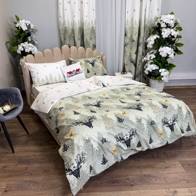 Set Lenjerie Pat Dublu Crăciun 4 Piese + 2 Draperii 150x235cm din Bumbac Ranforsat – Confort și Eleganță, Fabricat în România, Bej, Alb, reni