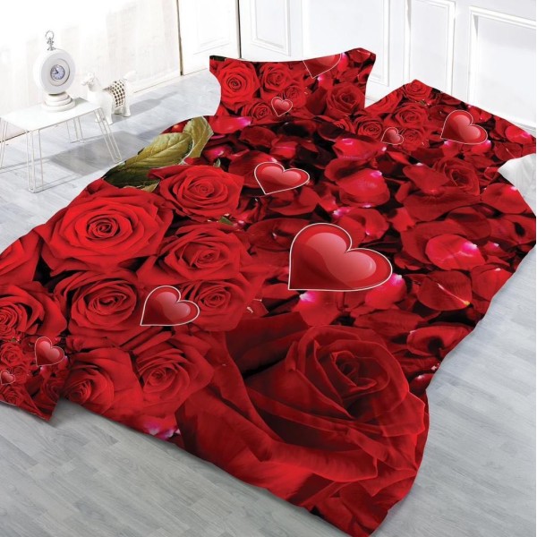 Lenjerie pat dublu (140x200cm, 160x200cm, 180x200cm), cearsaf clasic, imprimeu 3D, Rosu, trandafiri, inimioare [1]